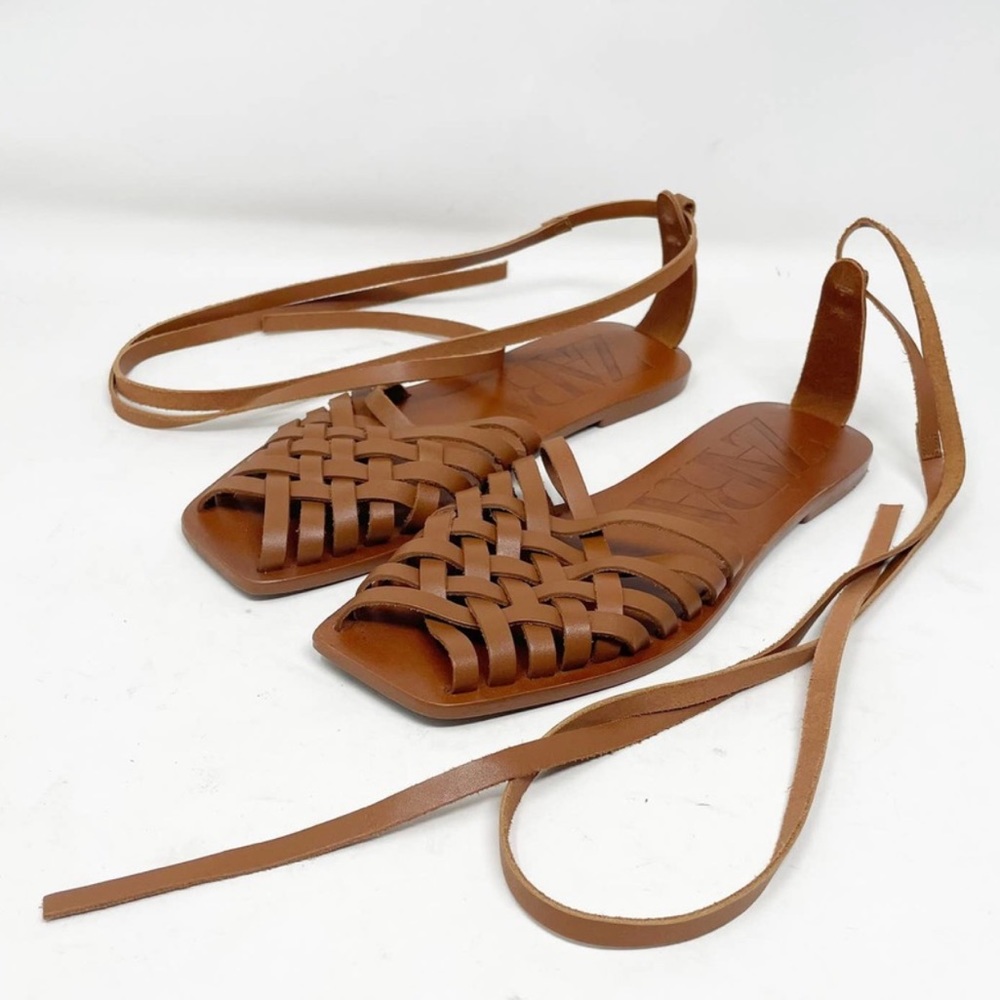 Zara Woven Brown Leather Greek Ankle Strap Flat Sandal Size 38/8